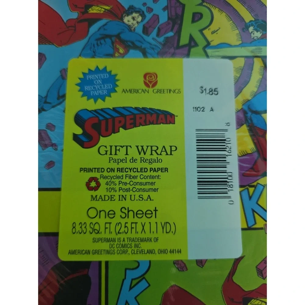 VTG 1994 Superman Gift Wrap Comic Book Paper American Greetings Sealed 3